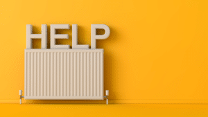 yellow picture of radiator with the words help on top